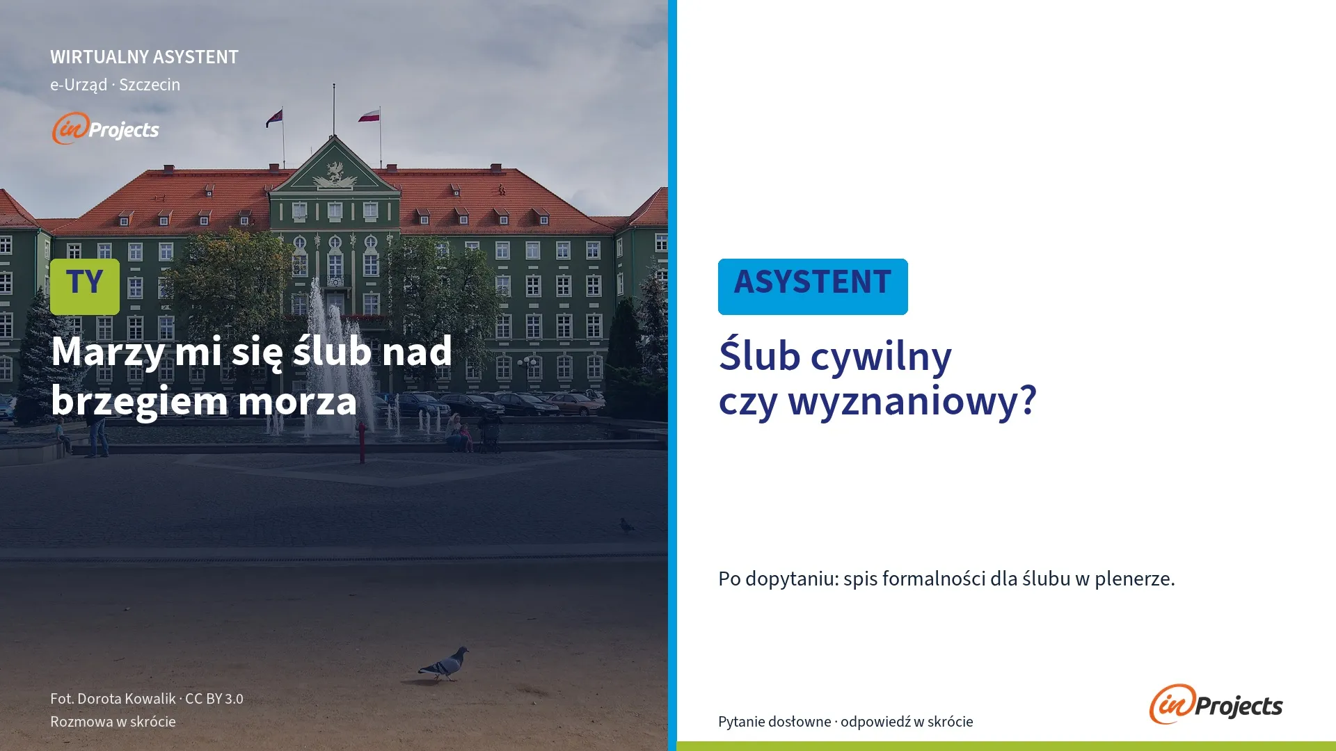Plansza z rozmową: pytanie mieszkańca „Marzy mi się ślub nad brzegiem morza” i dopytanie asystenta „Ślub cywilny czy wyznaniowy?”