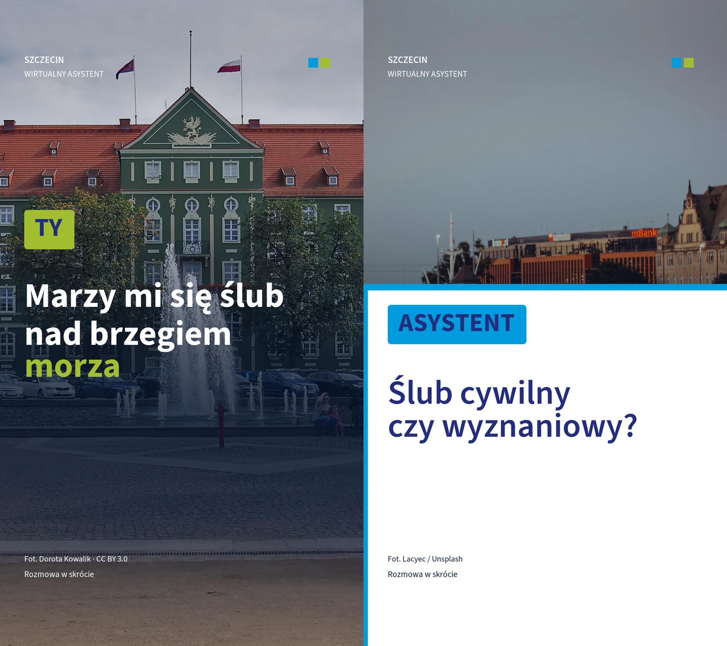 Skrót rozmowy: mieszkaniec pyta o ślub nad brzegiem morza, a asystent dopytuje o rodzaj ślubu.