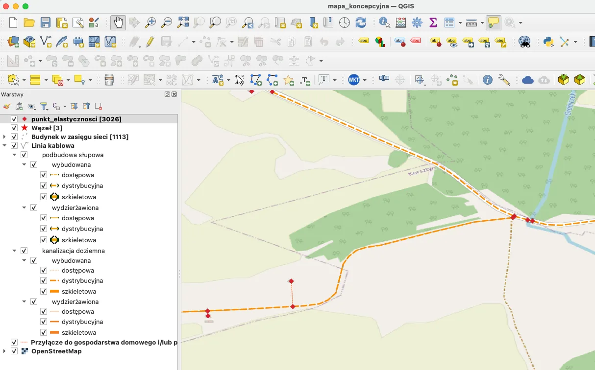 fibersim.io - zrzut mapy koncepcyjnej sieci światłowodowej w QGIS
